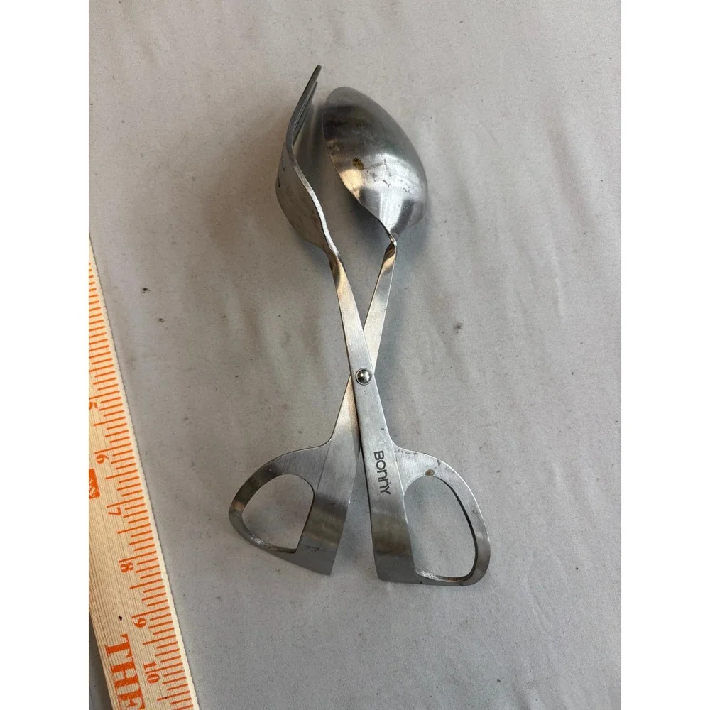 Bonny Vintage Stainless Steel Scissor Salad Tongs Spoon Fork Server Silver Tone